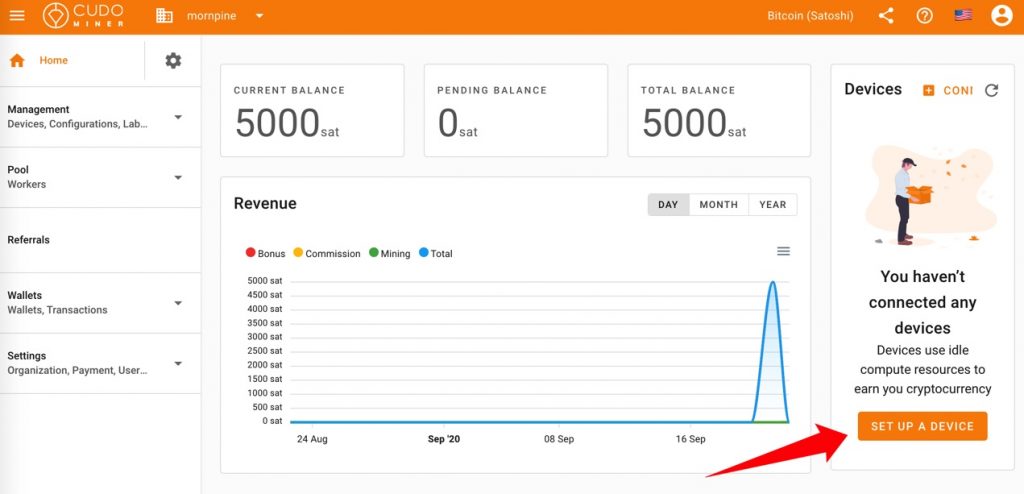 Cudo Miner Tutorial: After login, click Set Up a Device